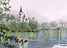 The Church On The Island Watercolor　湖上の教会　水彩