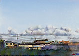 水彩で描いた夏の雲と家々