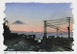 房総、保田から見た富士山　くどうさとしの水彩画